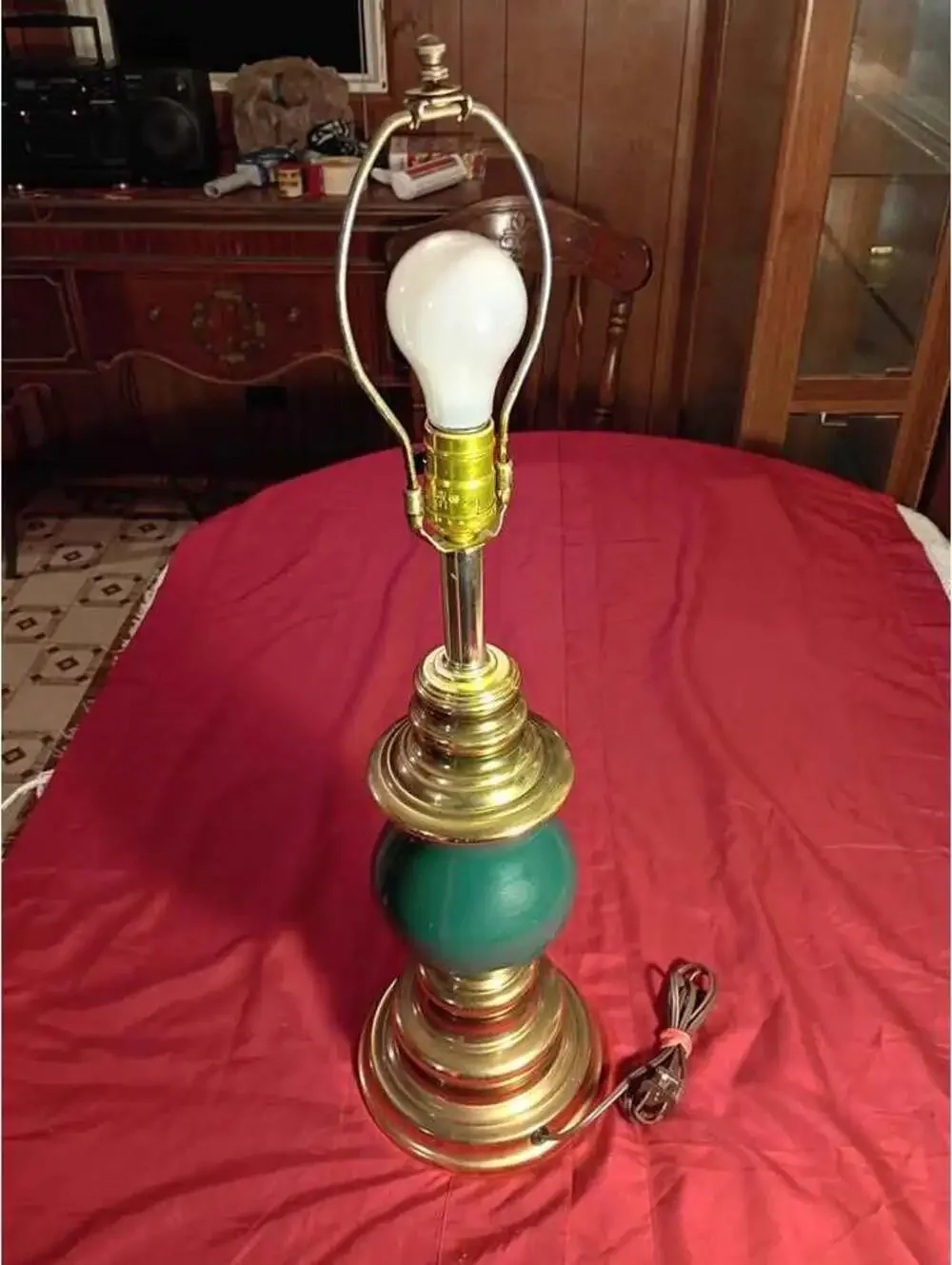 Vintage Brass and Green Table Lamp with Bulb